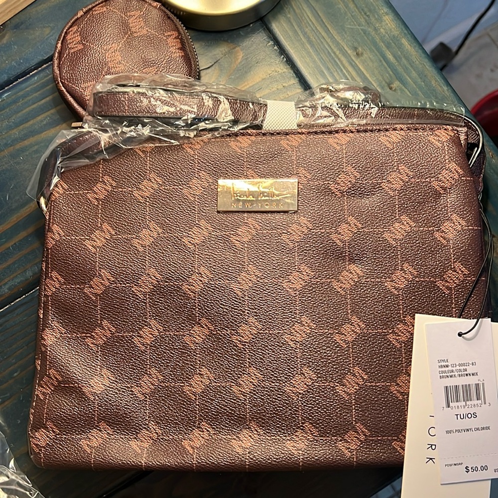 NWT Nicole Miller Brown Crossbody Zip Top Handbag with Coin Purse